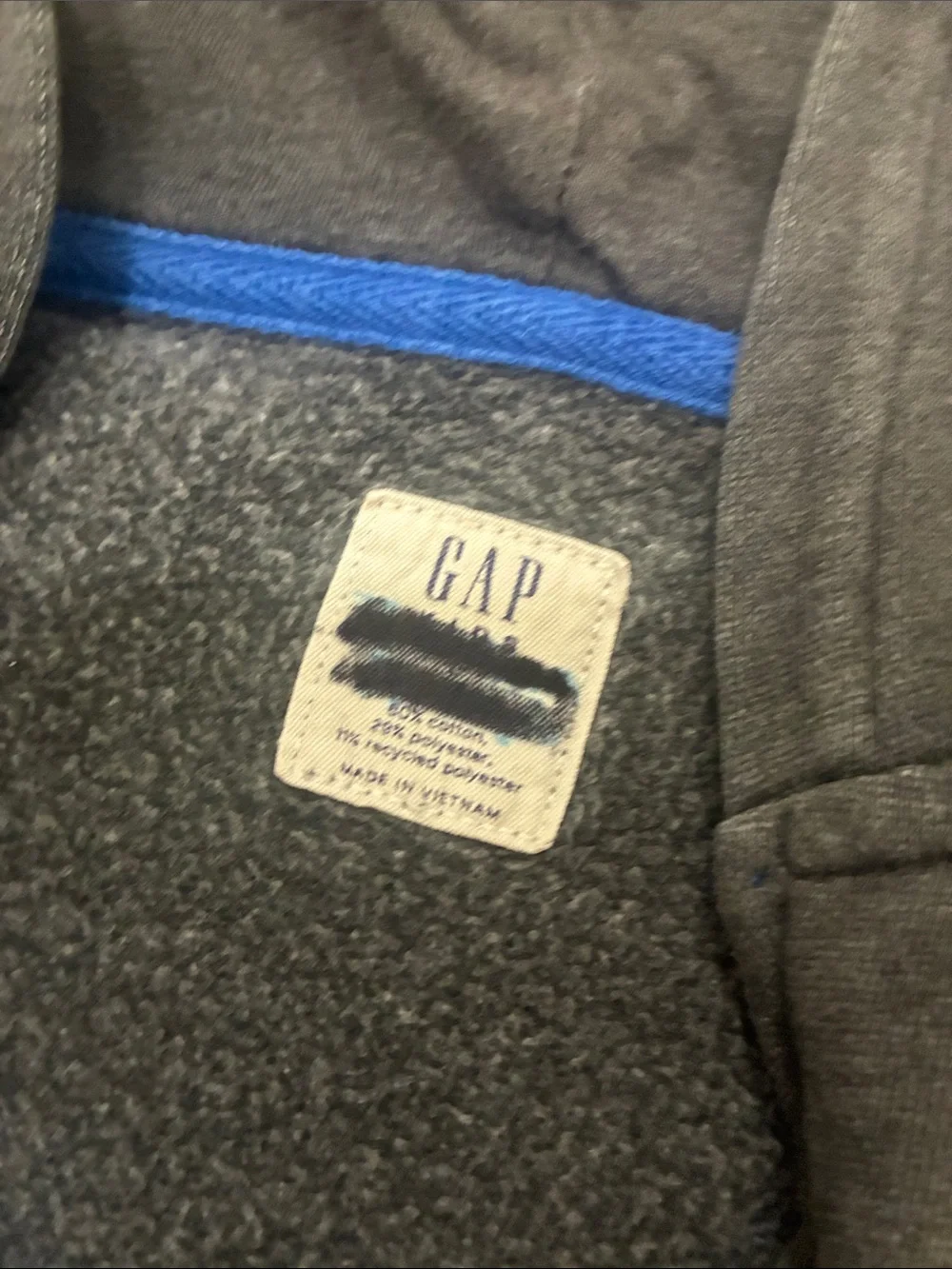 GAP Kids Gray Hoodie Sweater Blue Logo Zip Front Back to School Size L